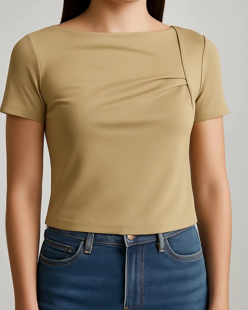 Blusa Casual con Drapeado Asimétrico en Tono Arena para Mujer - Image 6