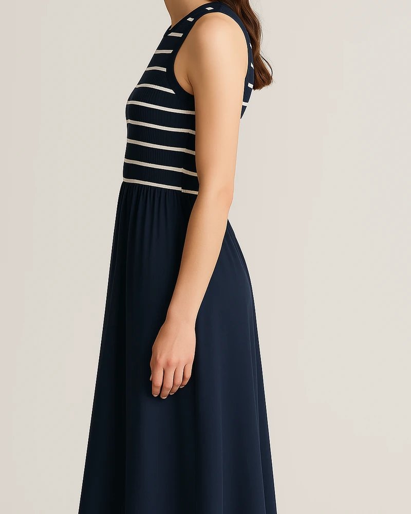 Vestido Midi Marinero con Falda Fluida y Escote Redondo para Mujer - Image 2
