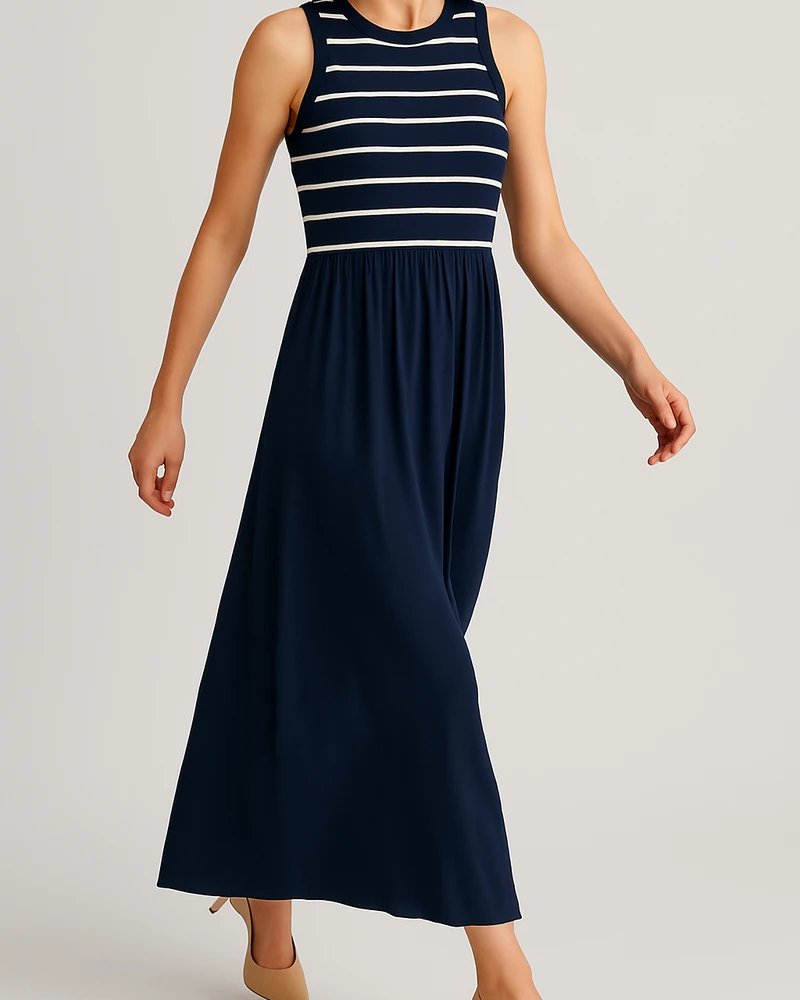 Vestido Midi Marinero con Falda Fluida y Escote Redondo para Mujer - Image 3