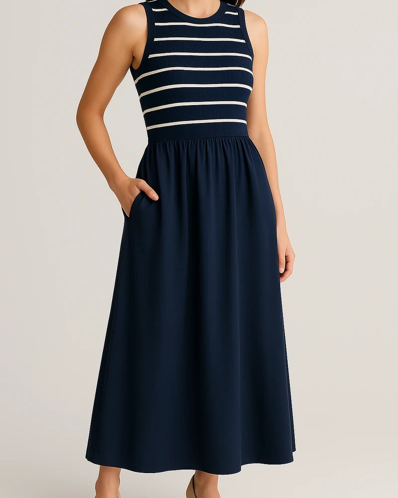 Vestido Midi Marinero con Falda Fluida y Escote Redondo para Mujer - Image 4
