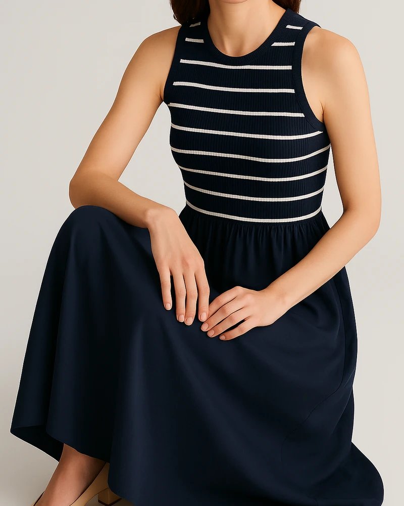 Vestido Midi Marinero con Falda Fluida y Escote Redondo para Mujer - Image 5