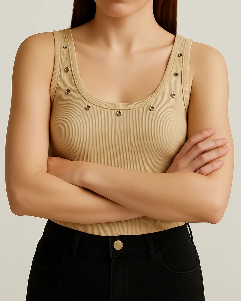 Tank Top Acanalado con Ojillos Dorados Estilo Casual para Mujer - Image 4