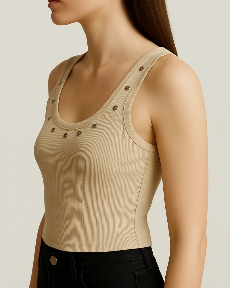 Tank Top Acanalado con Ojillos Dorados Estilo Casual para Mujer - Image 5