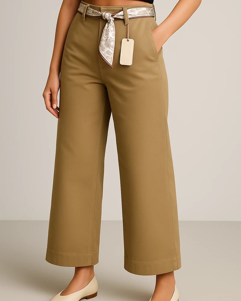 Pantalón Wide Leg Tiro Alto Caqui con Cinturón para Mujer - Image 4