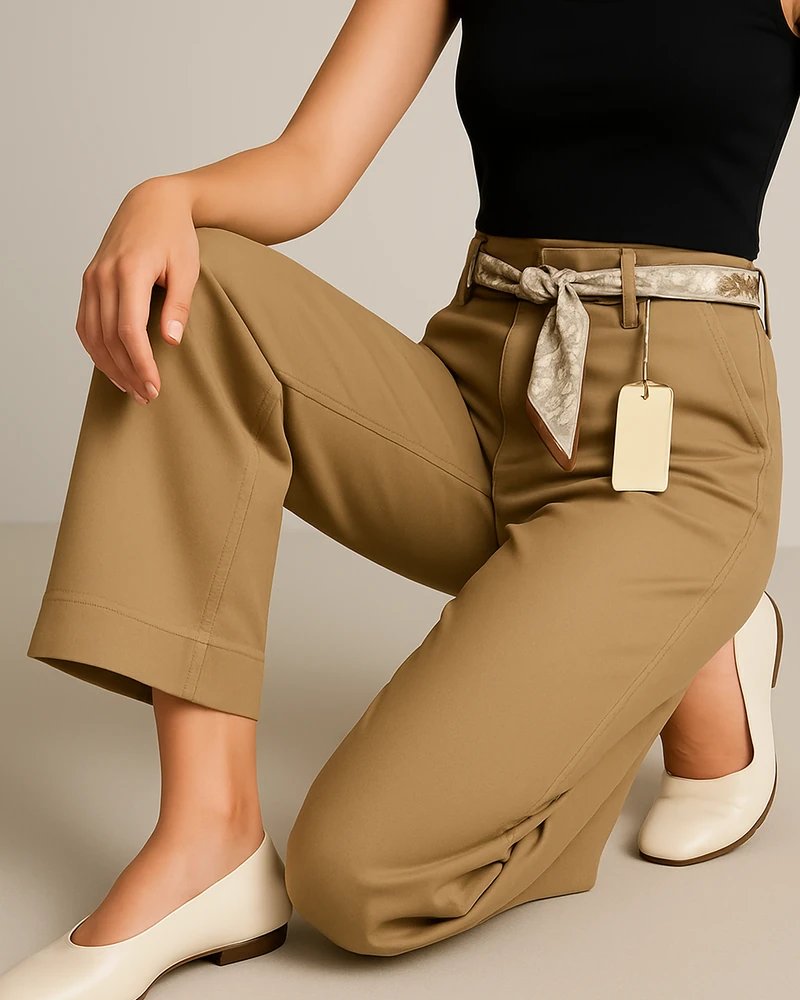 Pantalón Wide Leg Tiro Alto Caqui con Cinturón para Mujer - Image 5