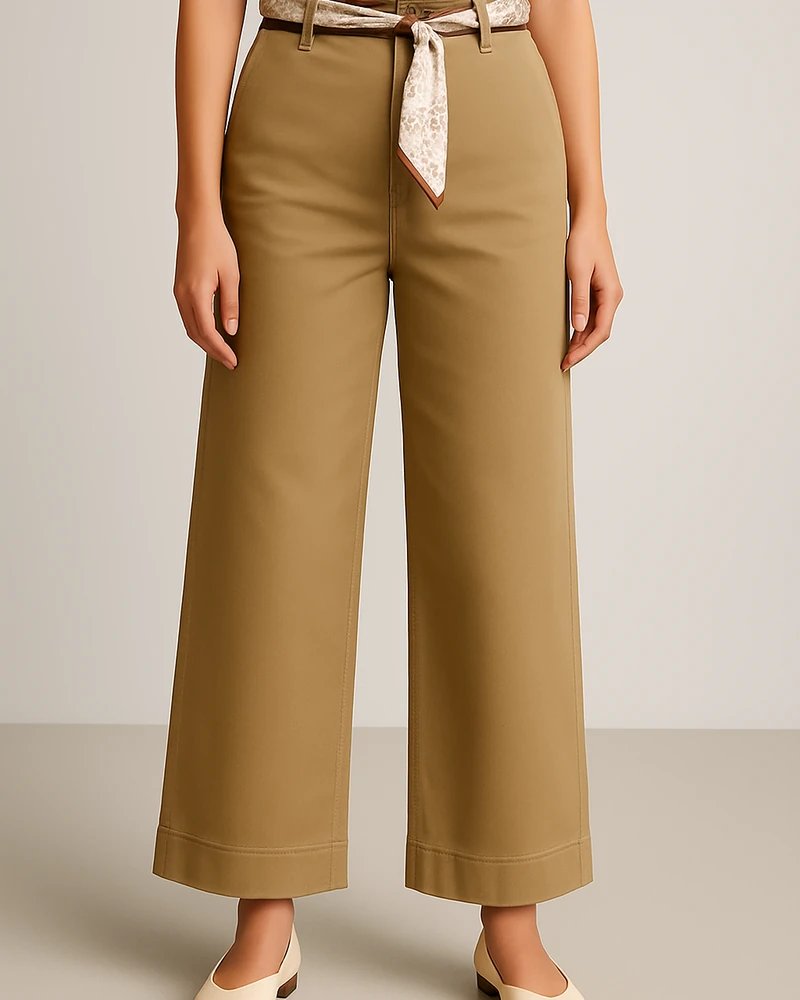 Pantalón Wide Leg Tiro Alto Caqui con Cinturón para Mujer - Image 8