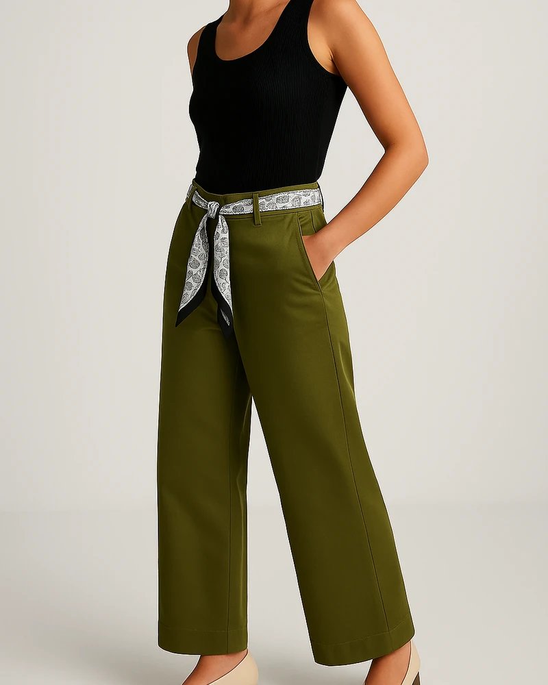 Pantalón Wide Leg Tiro Alto Caqui con Cinturón para Mujer - Image 11