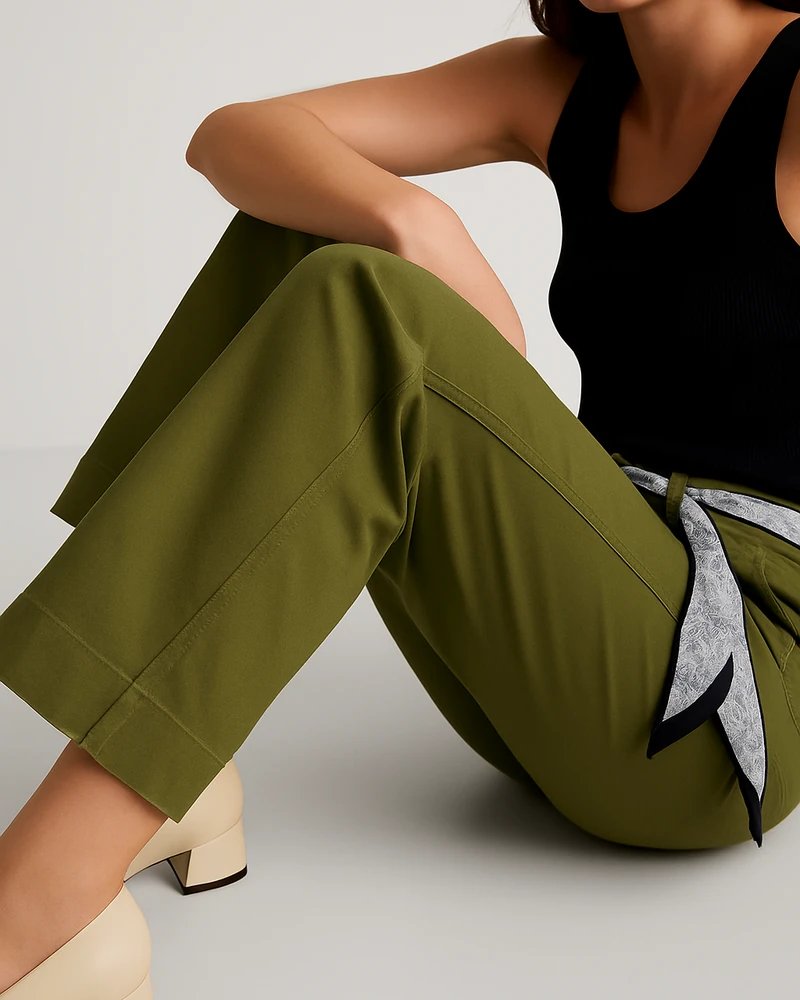 Pantalón Wide Leg Tiro Alto Caqui con Cinturón para Mujer - Image 12