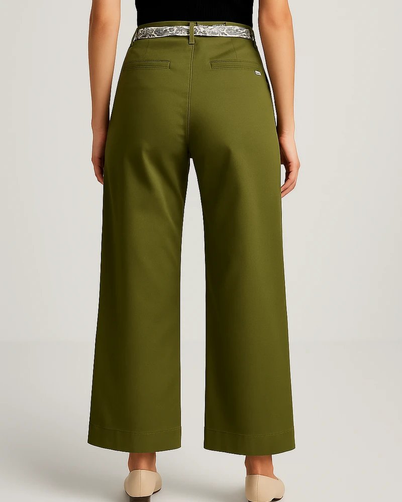 Pantalón Wide Leg Tiro Alto Caqui con Cinturón para Mujer - Image 14