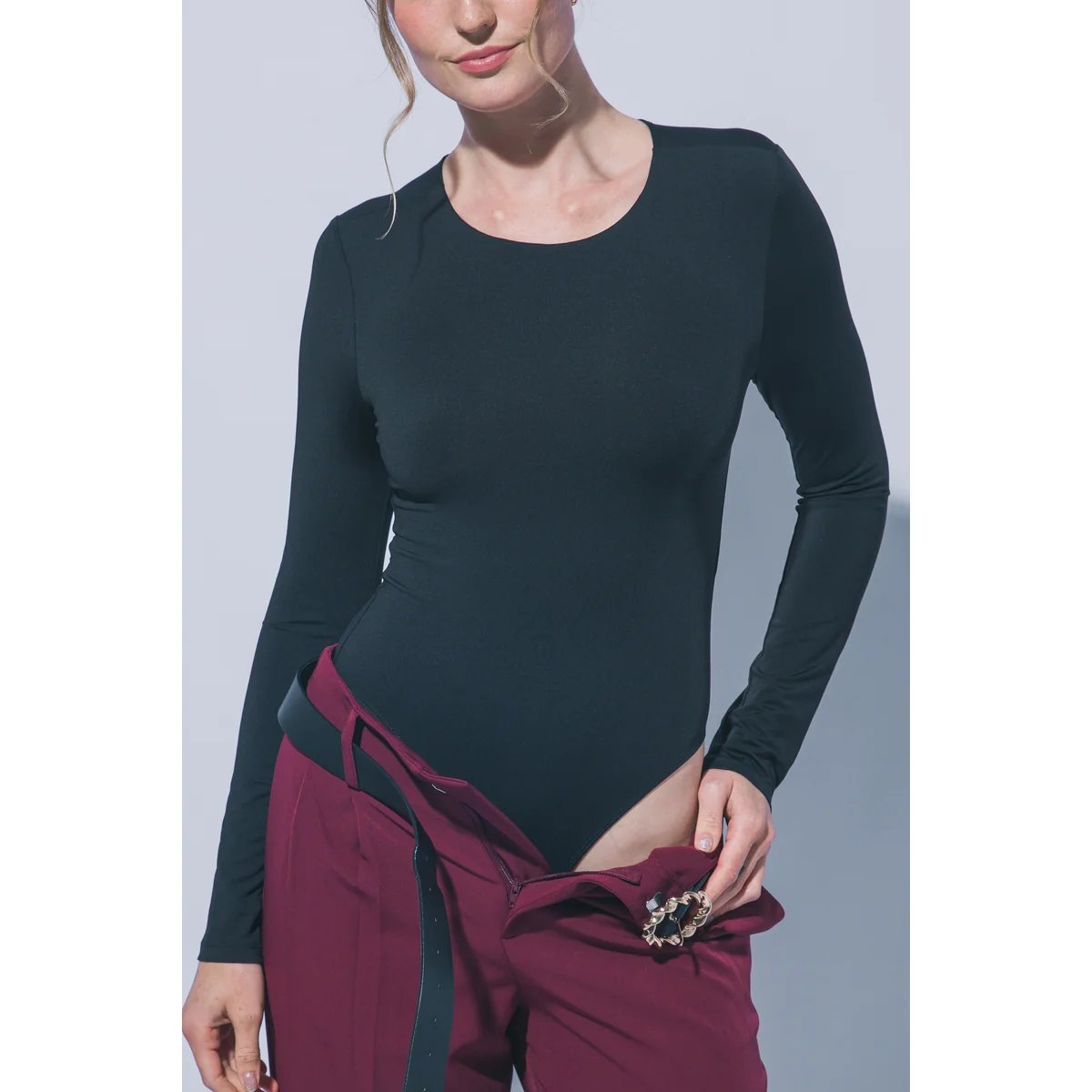Body Manga Larga Ajustado Cuello Redondo Blanco para Mujer - Image 10