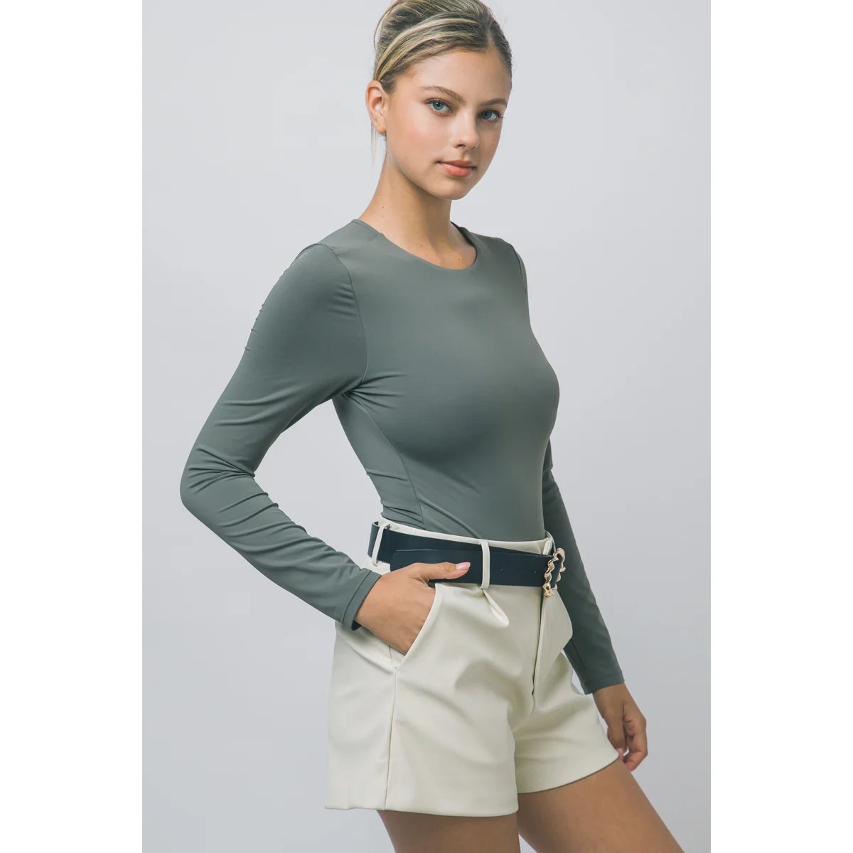 Body Manga Larga Ajustado Cuello Redondo Blanco para Mujer - Image 12