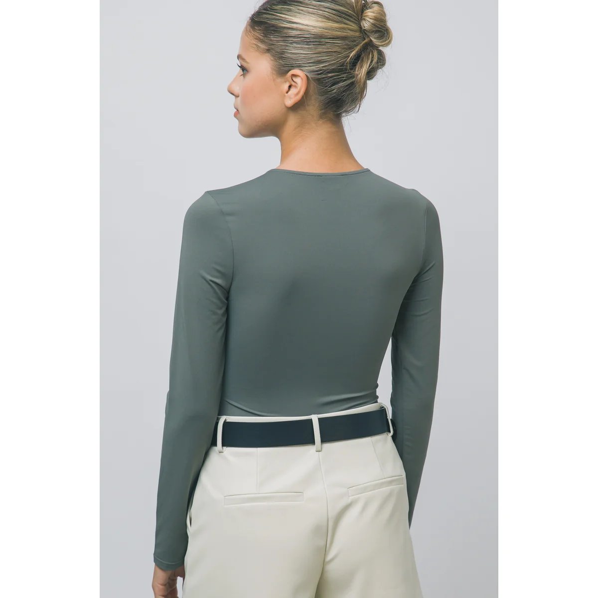 Body Manga Larga Ajustado Cuello Redondo Blanco para Mujer - Image 13