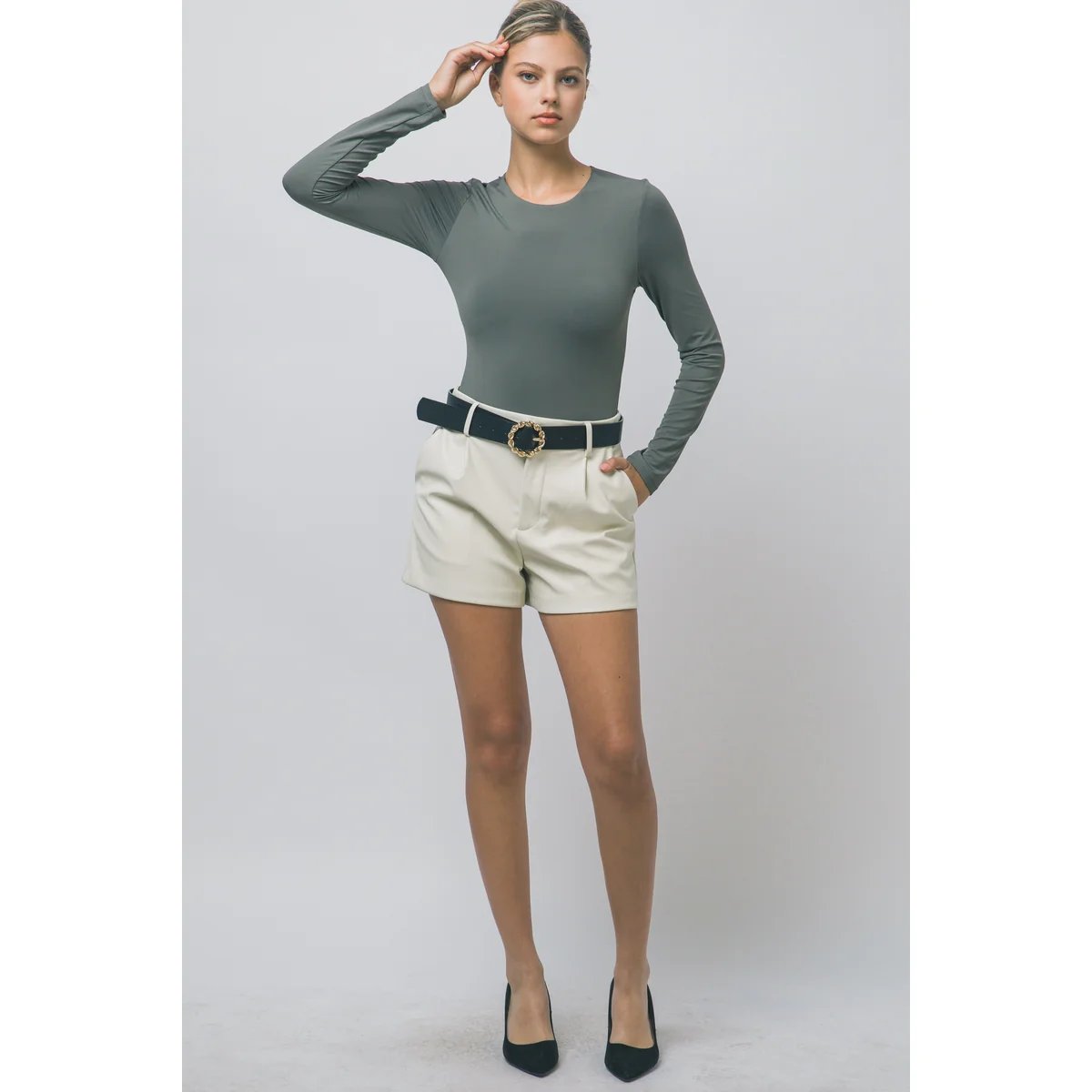 Body Manga Larga Ajustado Cuello Redondo Blanco para Mujer - Image 14