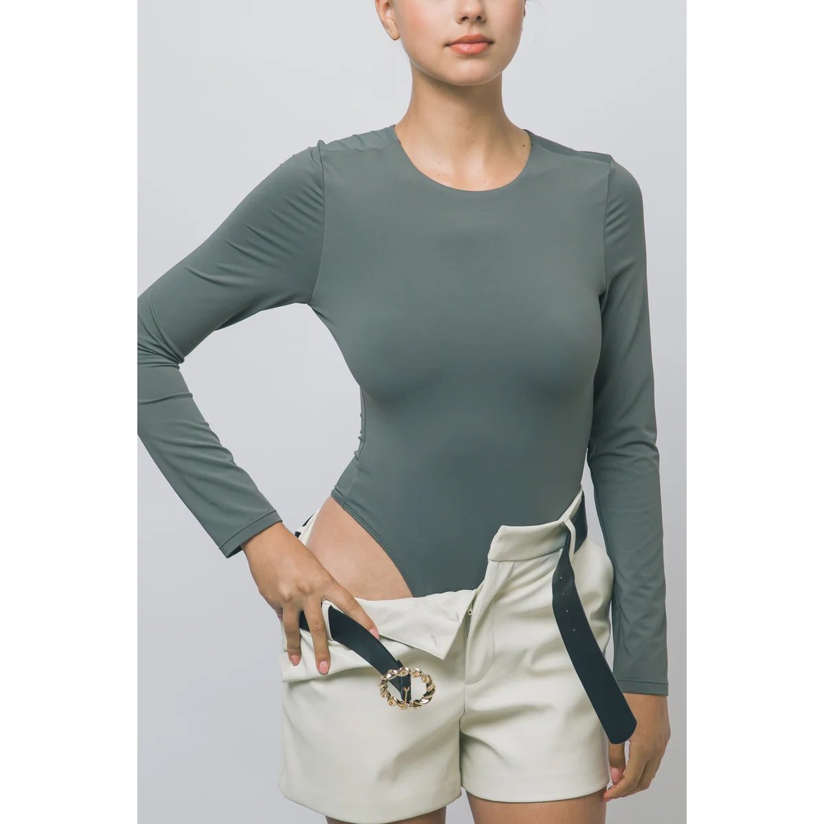Body Manga Larga Ajustado Cuello Redondo Blanco para Mujer - Image 18