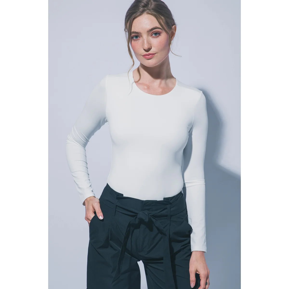 Body Manga Larga Ajustado Cuello Redondo Blanco para Mujer - Image 27
