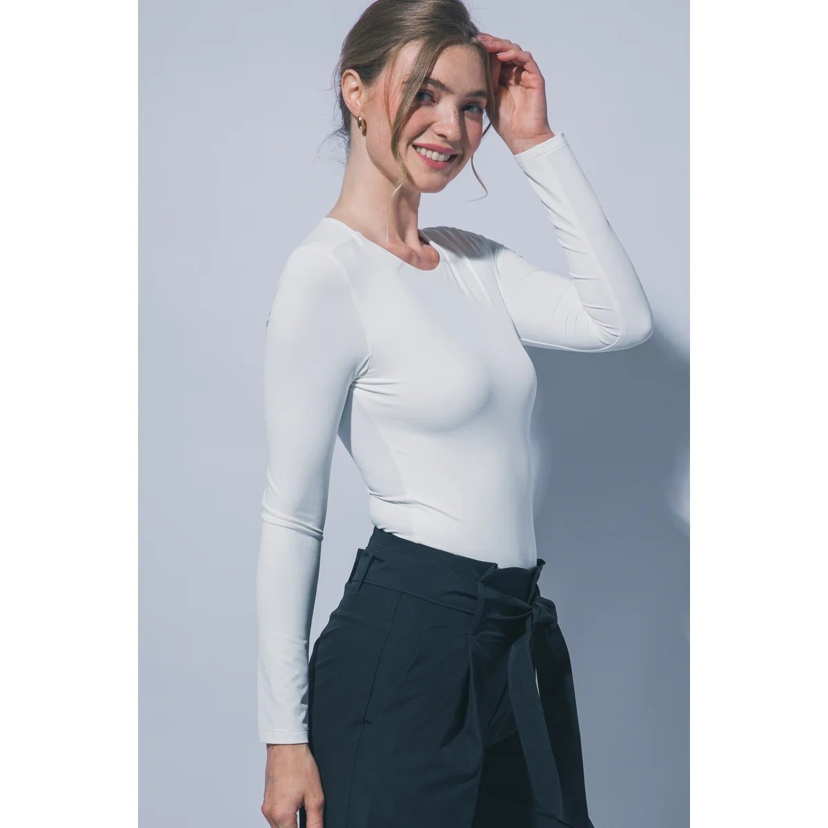 Body Manga Larga Ajustado Cuello Redondo Blanco para Mujer - Image 28