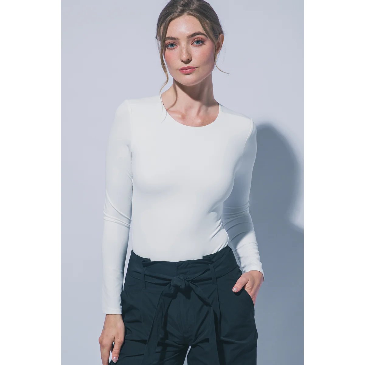 Body Manga Larga Ajustado Cuello Redondo Blanco para Mujer - Image 32