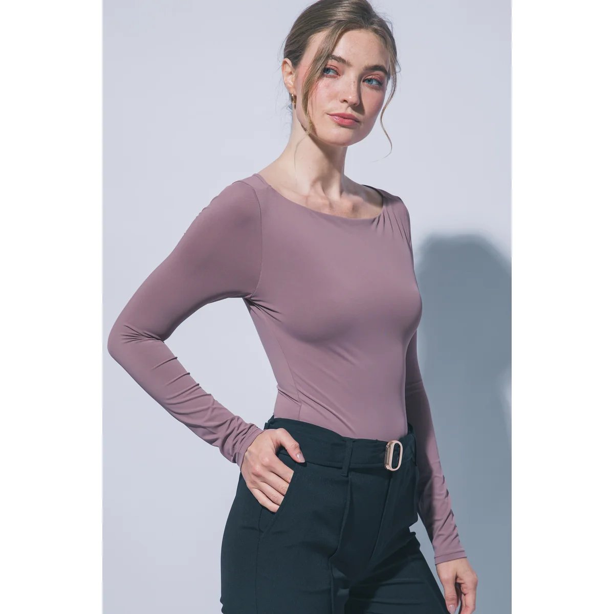 Body Manga Larga Ajustado Escote Bote Teal para Mujer - Image 13