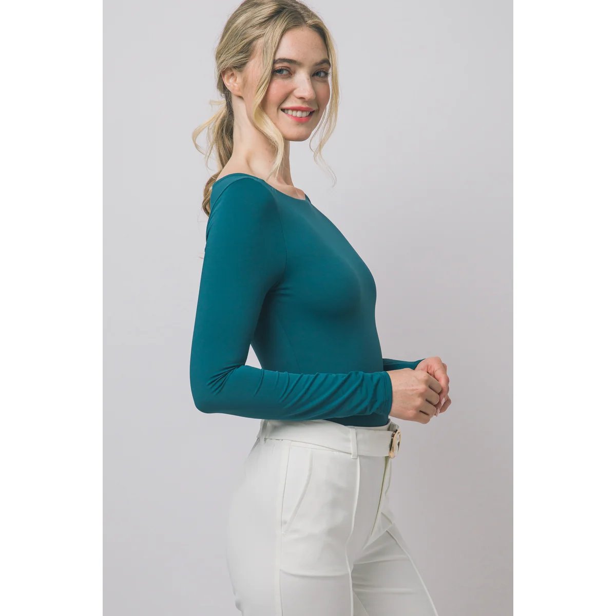 Body Manga Larga Ajustado Escote Bote Teal para Mujer - Image 20