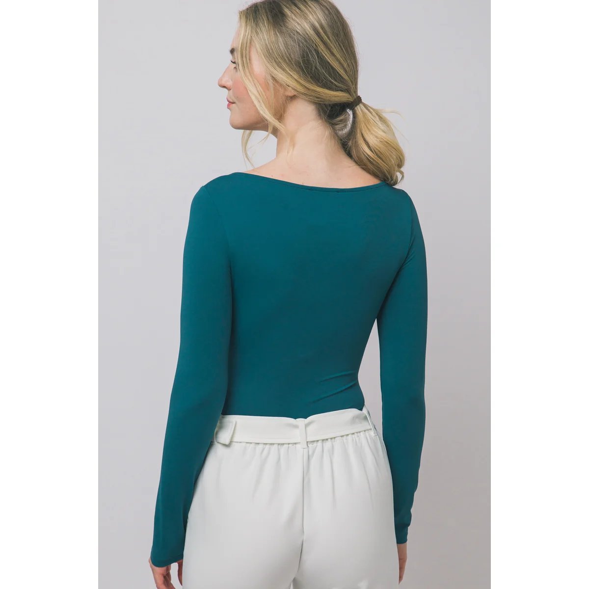 Body Manga Larga Ajustado Escote Bote Teal para Mujer - Image 21