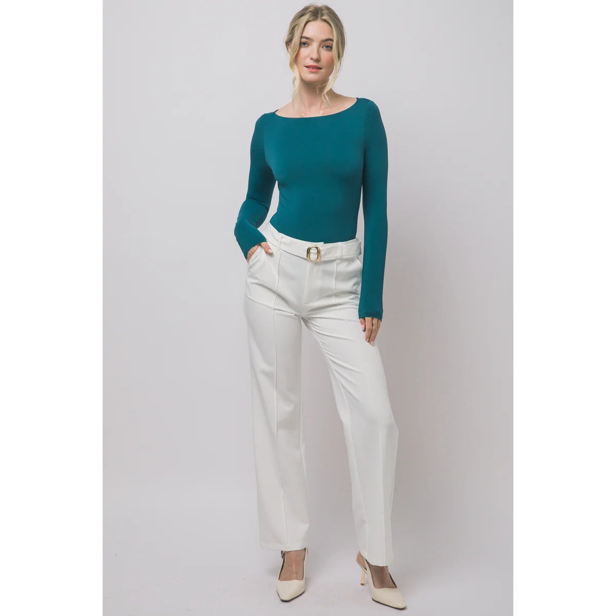 Body Manga Larga Ajustado Escote Bote Teal para Mujer - Image 22
