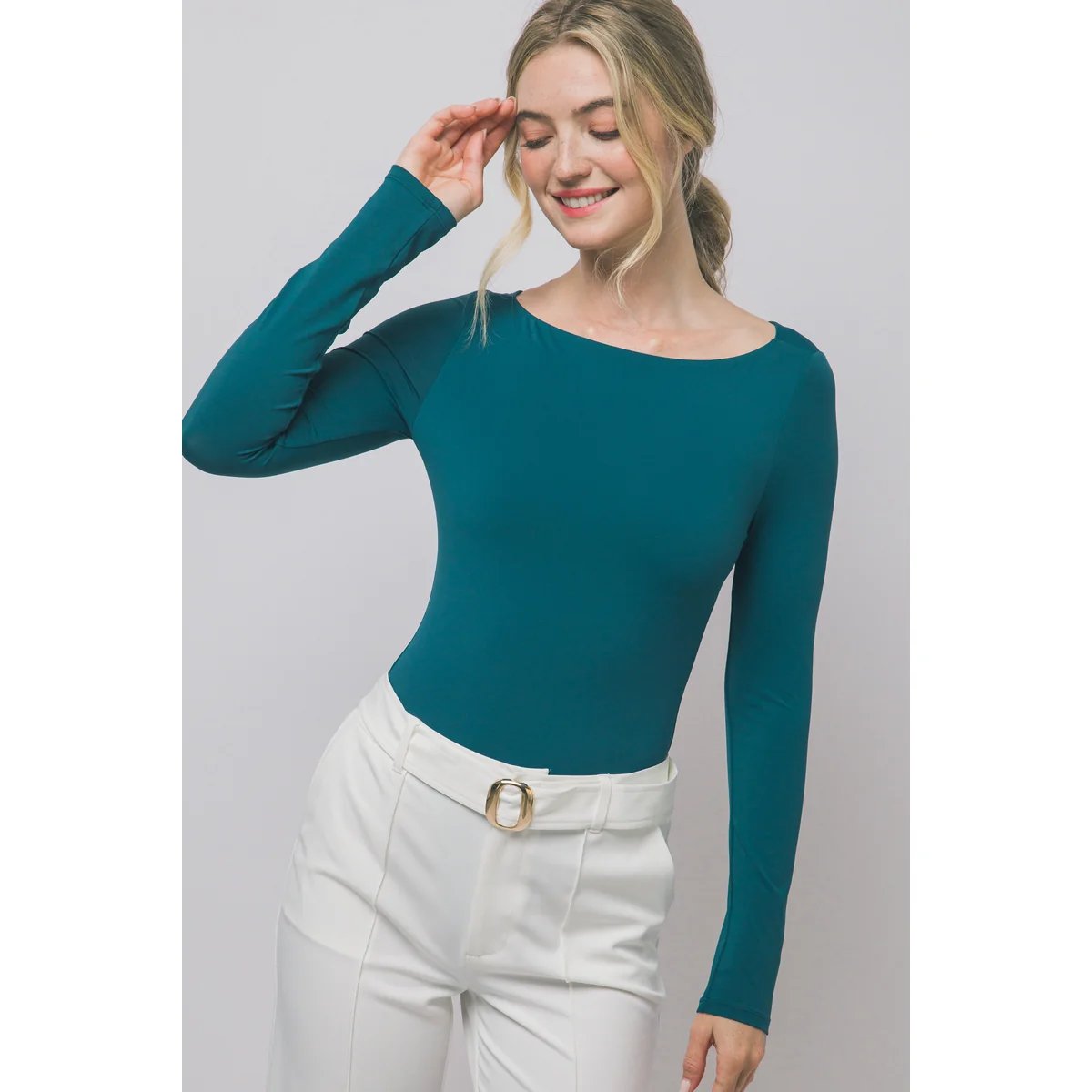 Body Manga Larga Ajustado Escote Bote Teal para Mujer - Image 23