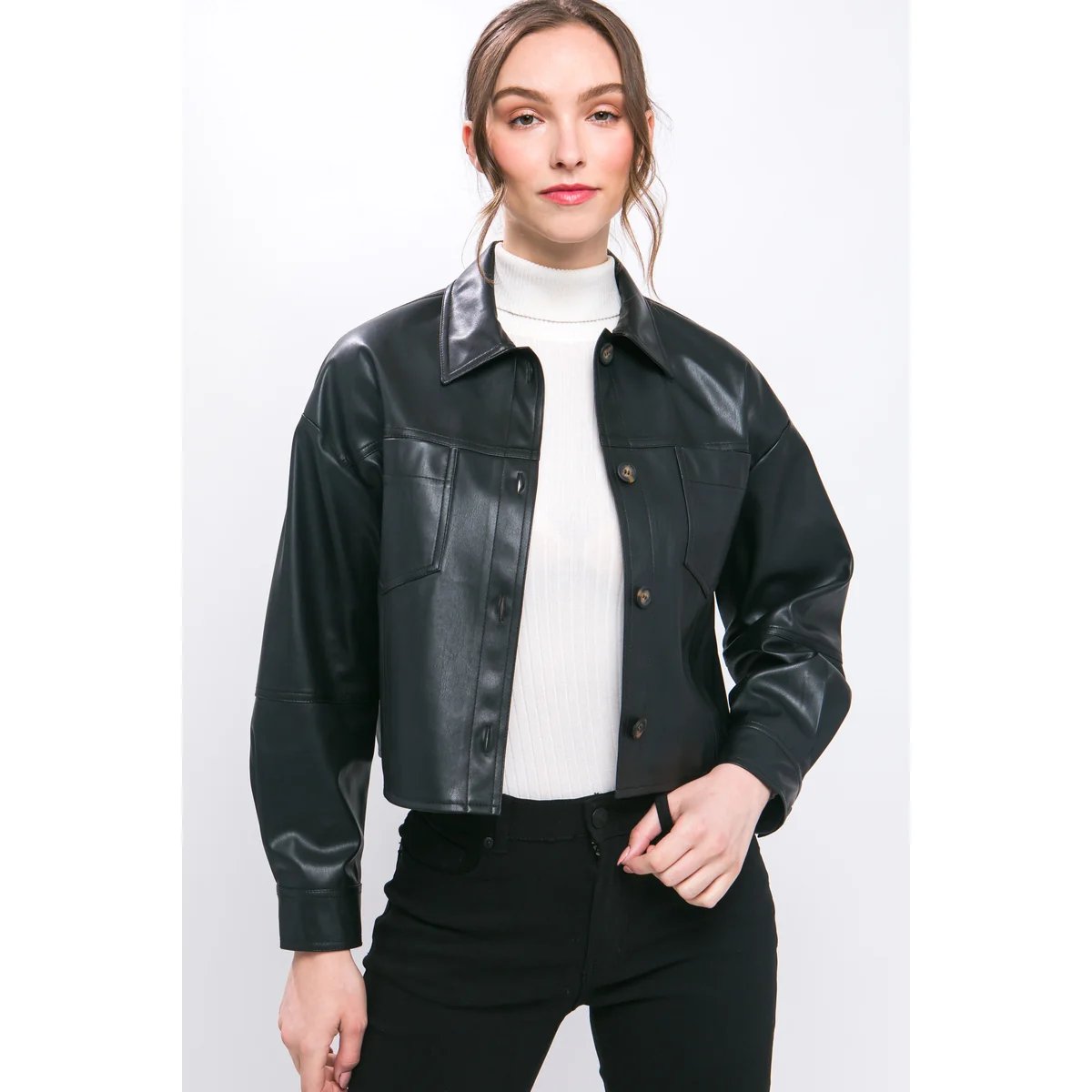 Chamarra Crop de Vinil Vino con Botones para Mujer - Image 3