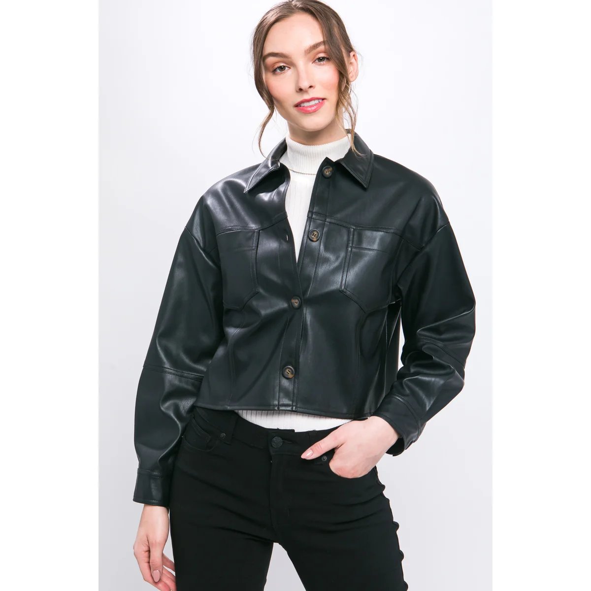 Chamarra Crop de Vinil Vino con Botones para Mujer - Image 7