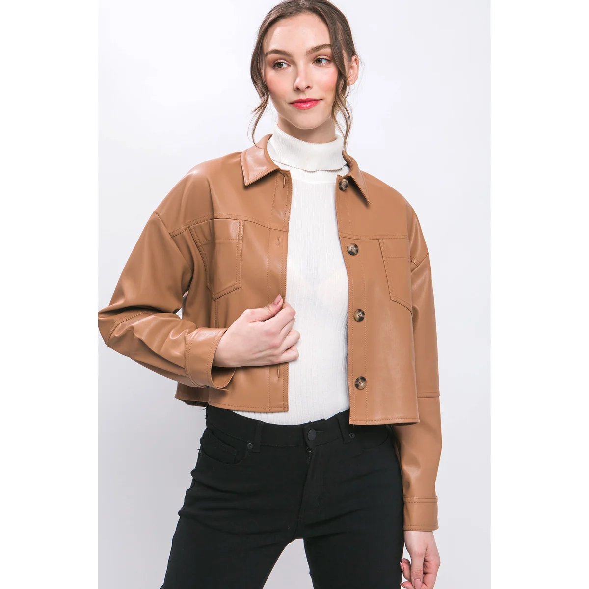 Chamarra Crop de Vinil Vino con Botones para Mujer - Image 18