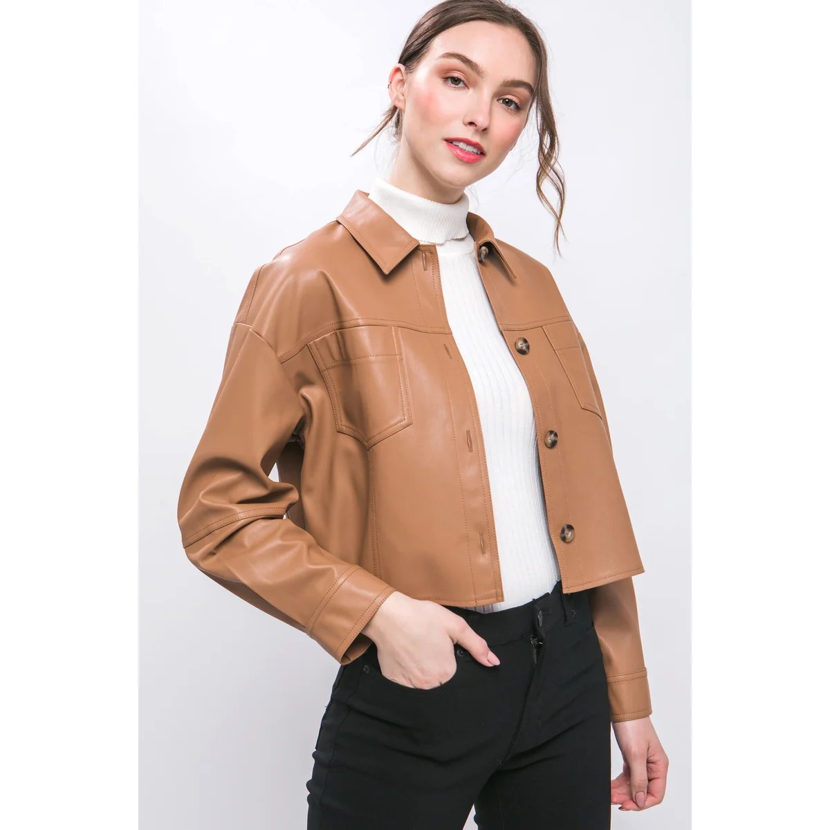 Chamarra Crop de Vinil Vino con Botones para Mujer - Image 19
