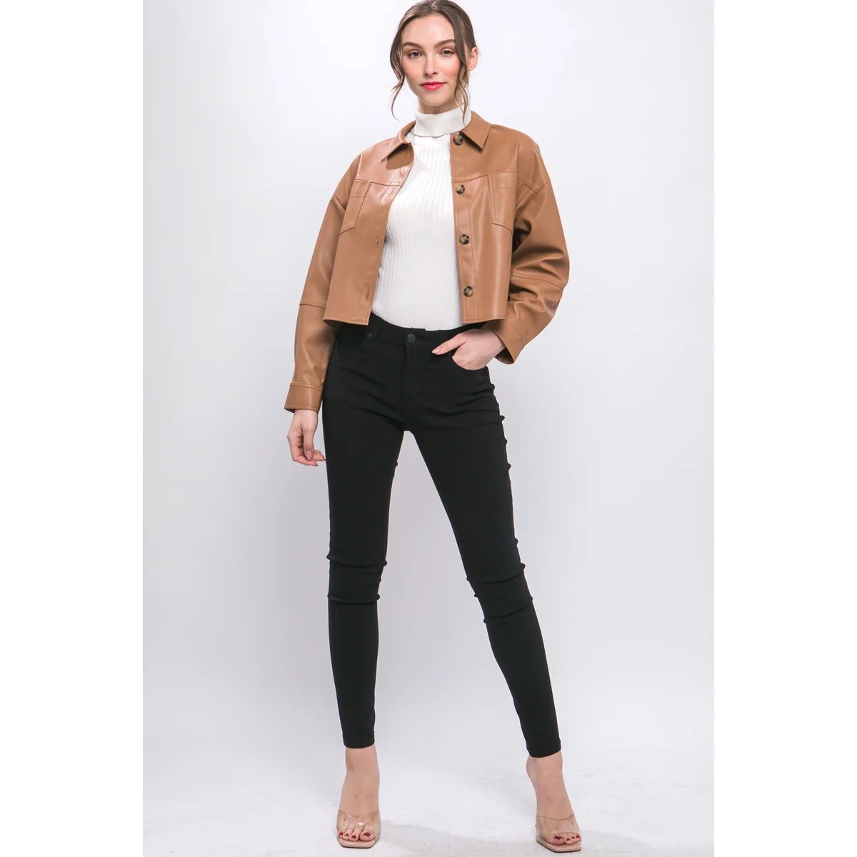 Chamarra Crop de Vinil Vino con Botones para Mujer - Image 21