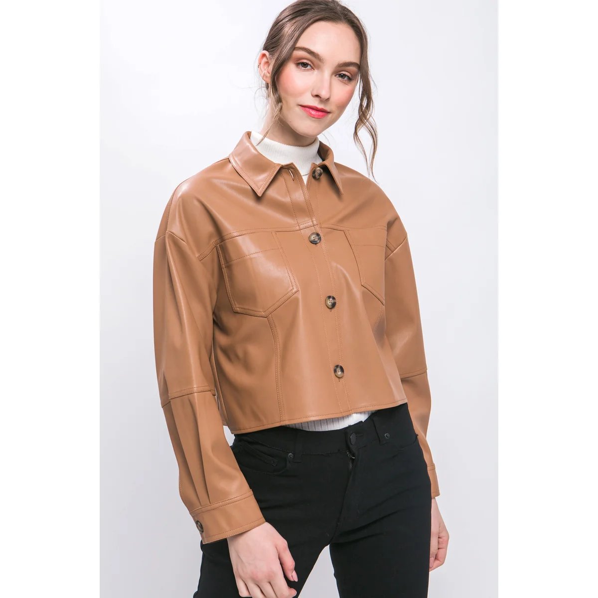 Chamarra Crop de Vinil Vino con Botones para Mujer - Image 22