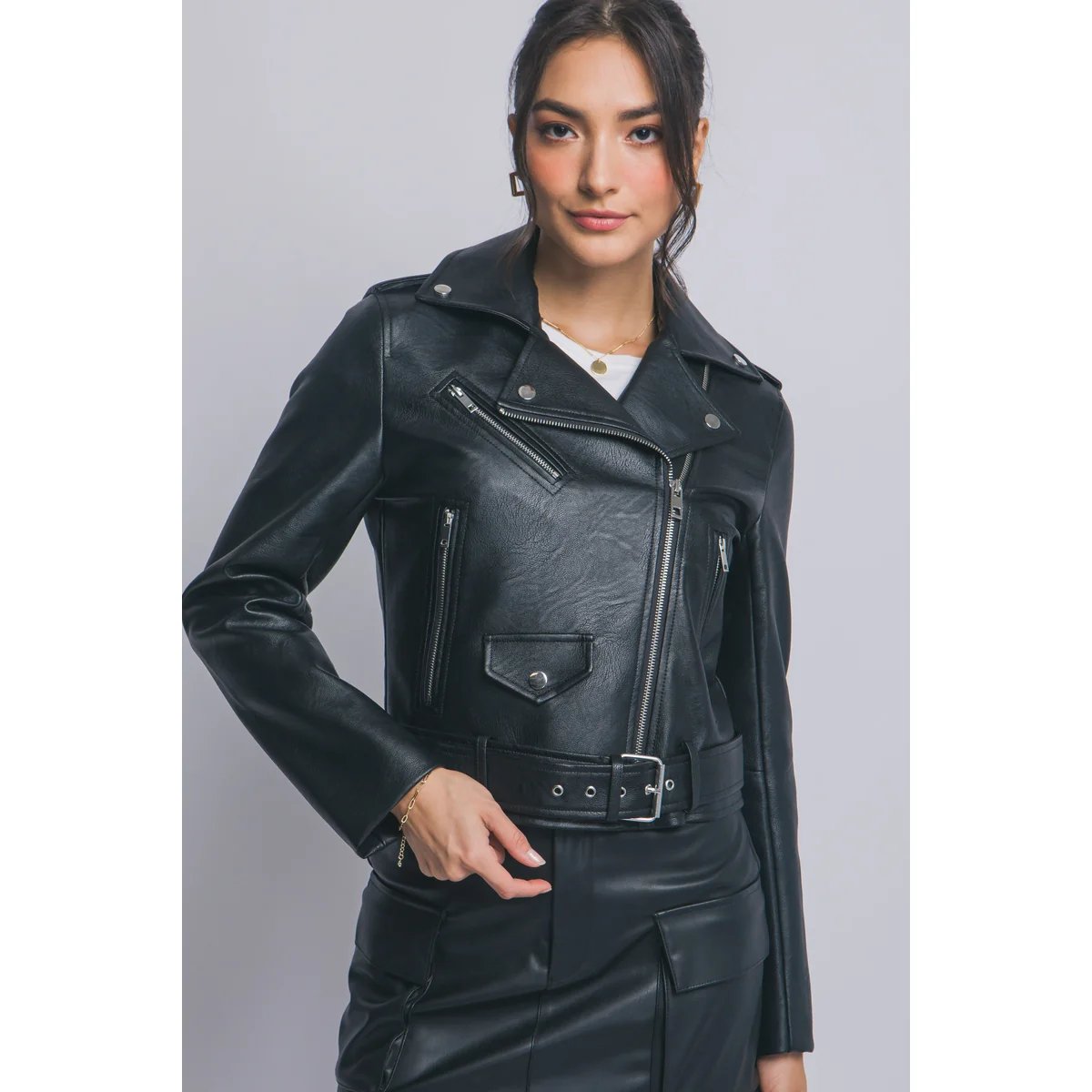 Chamarra Biker de Piel Sintética Café Oscuro para Mujer - Image 3