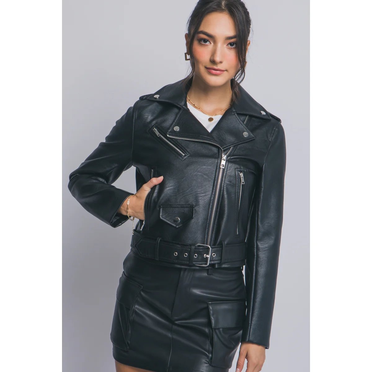 Chamarra Biker de Piel Sintética Café Oscuro para Mujer - Image 8