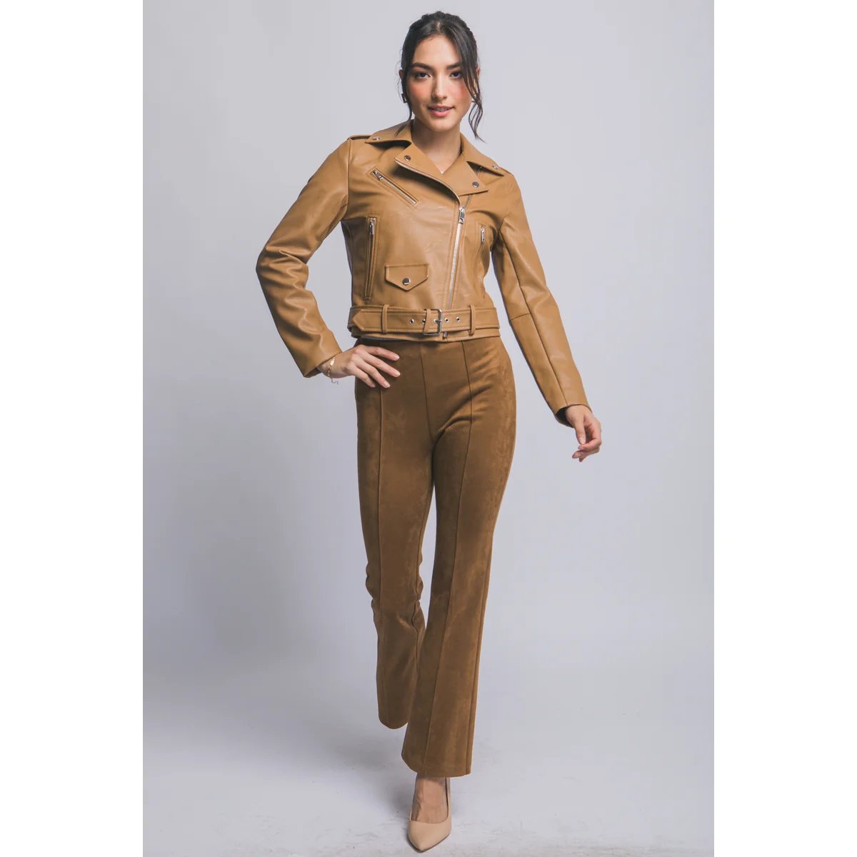Chamarra Biker de Piel Sintética Café Oscuro para Mujer - Image 16