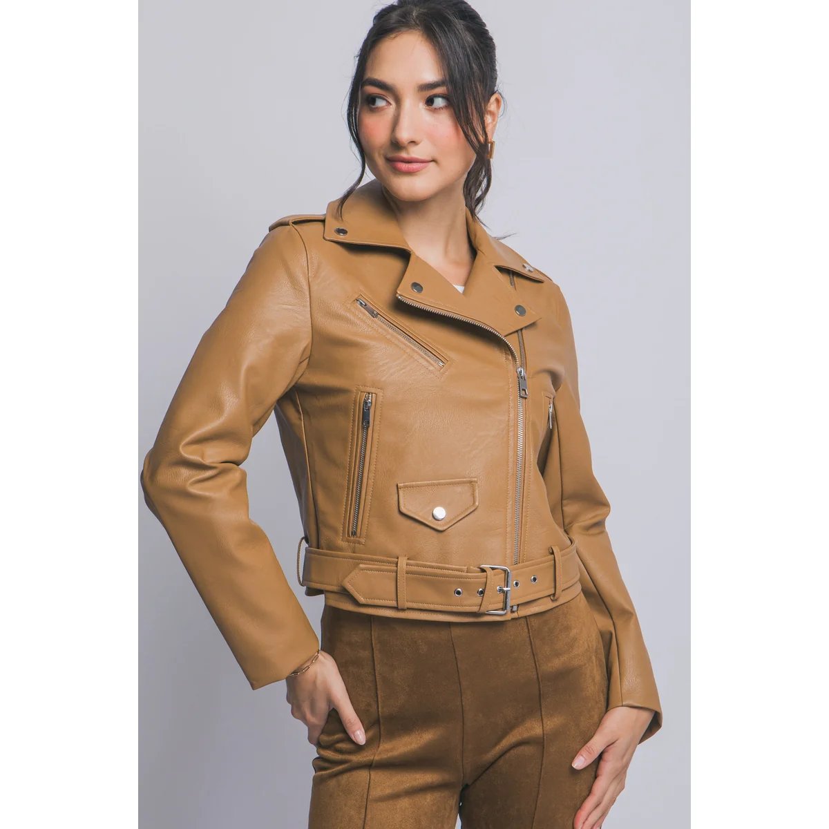 Chamarra Biker de Piel Sintética Café Oscuro para Mujer - Image 17