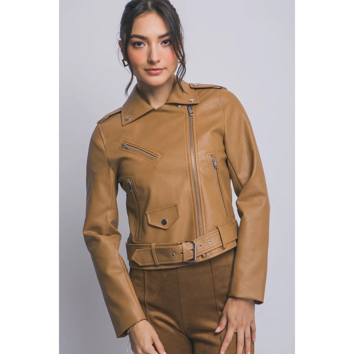 Chamarra Biker de Piel Sintética Café Oscuro para Mujer - Image 19
