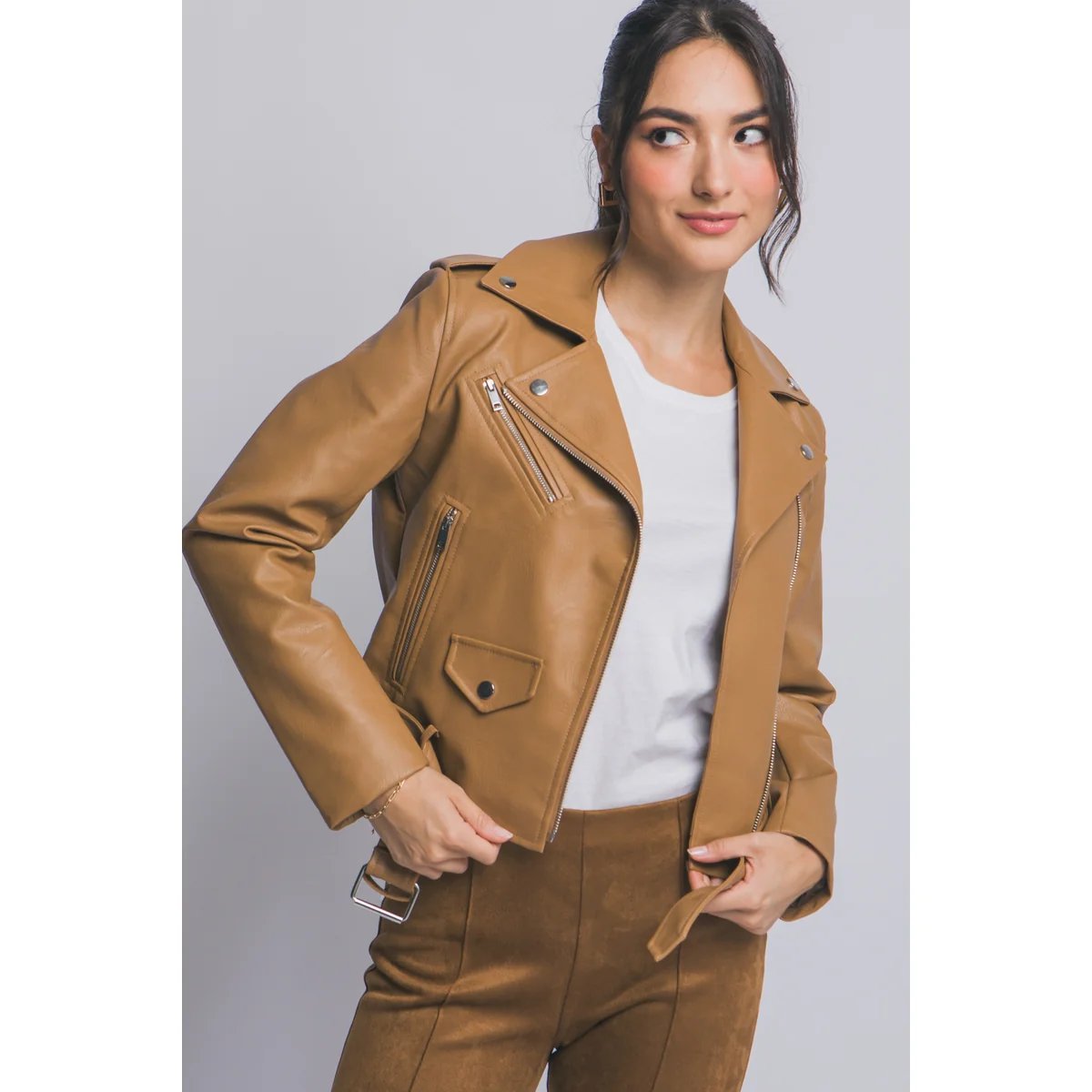 Chamarra Biker de Piel Sintética Café Oscuro para Mujer - Image 20