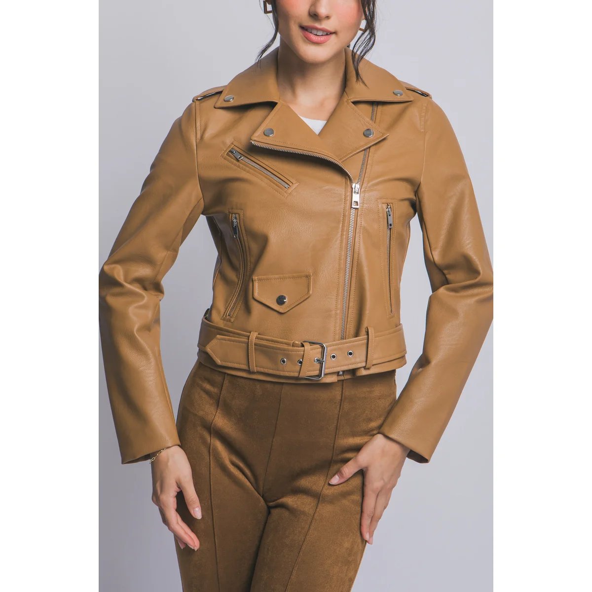 Chamarra Biker de Piel Sintética Café Oscuro para Mujer - Image 22