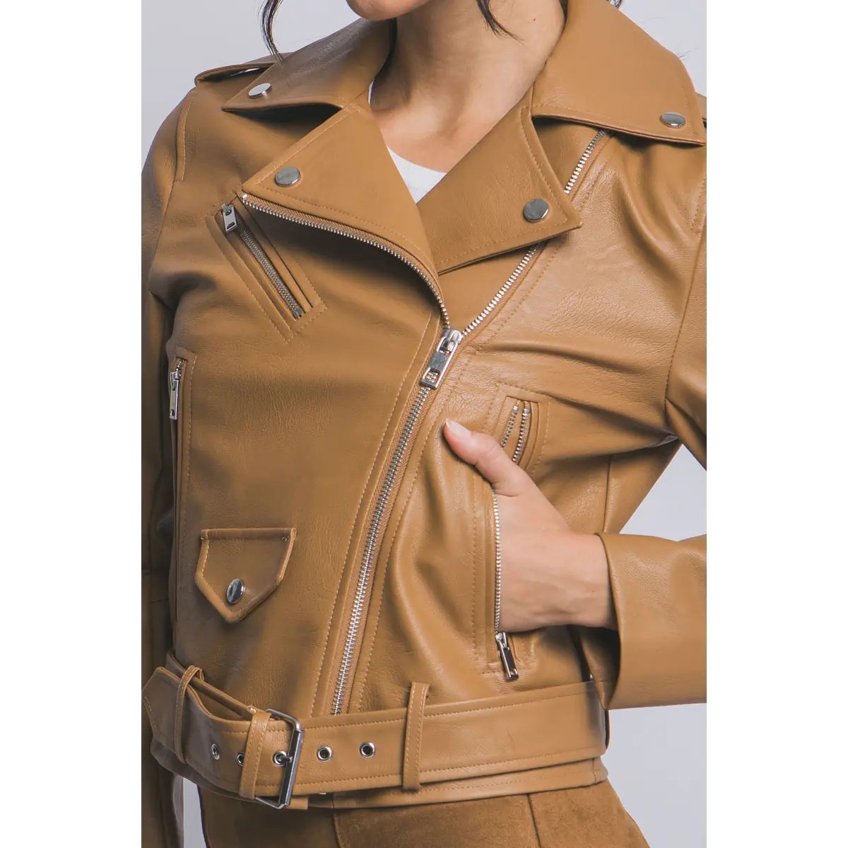 Chamarra Biker de Piel Sintética Café Oscuro para Mujer - Image 23