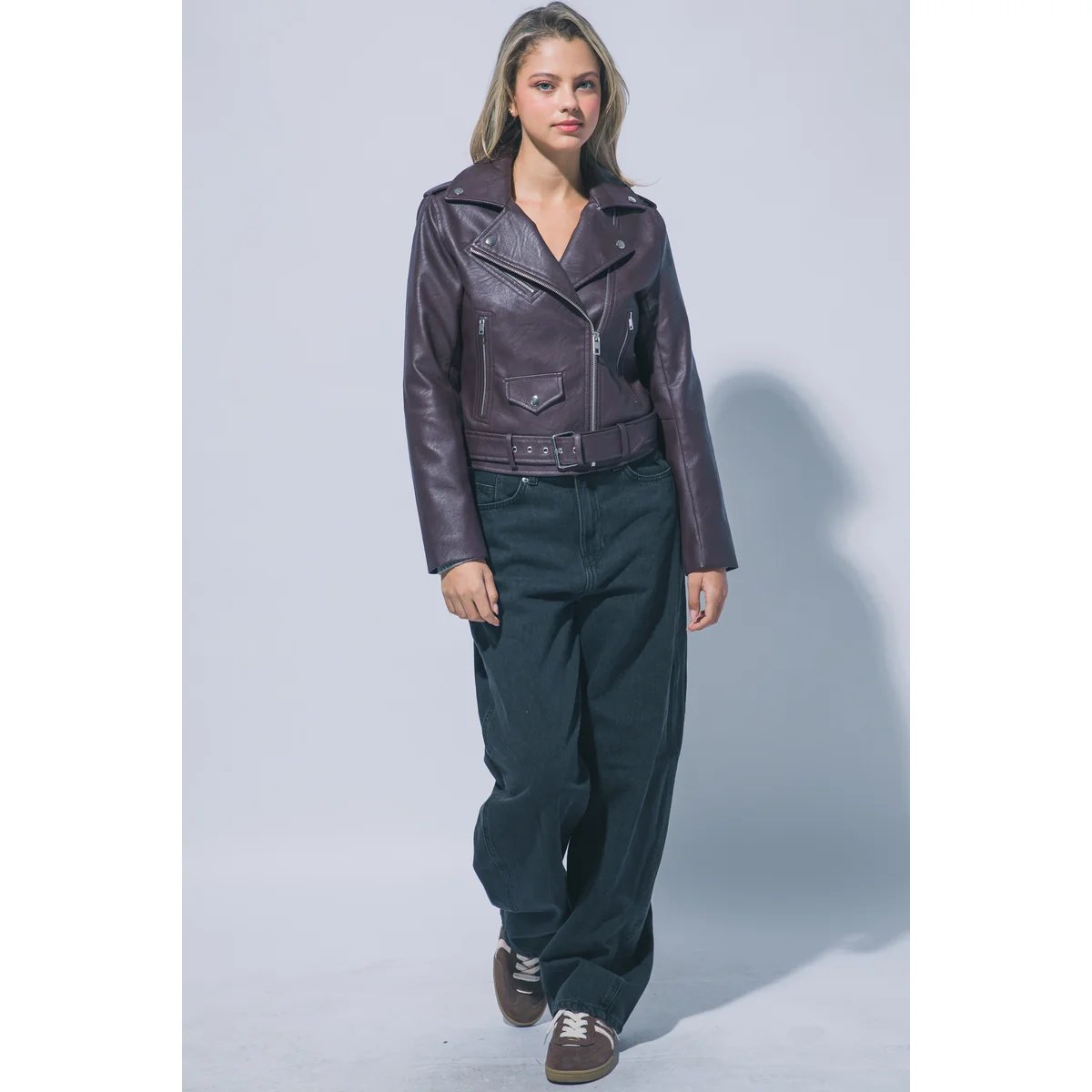 Chamarra Biker de Piel Sintética Café Oscuro para Mujer - Image 27