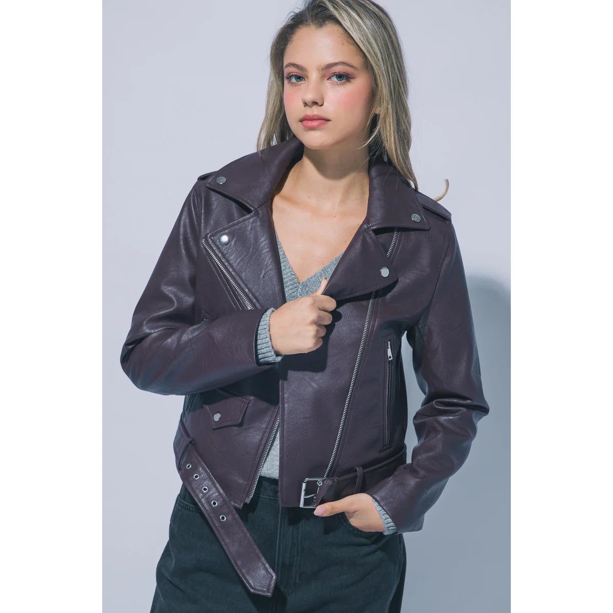 Chamarra Biker de Piel Sintética Café Oscuro para Mujer - Image 29