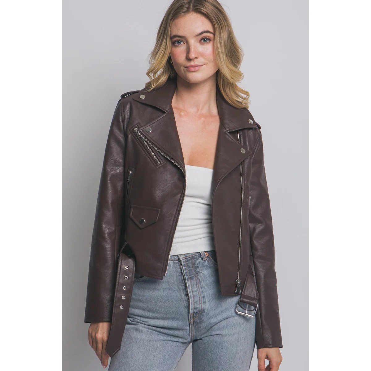 Chamarra Biker de Piel Sintética Café Oscuro para Mujer - Image 36