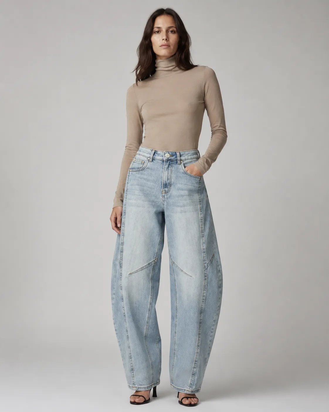 Jeans Barrel Fit de Mezclilla Clara Tiro Alto para Mujer - Image 3