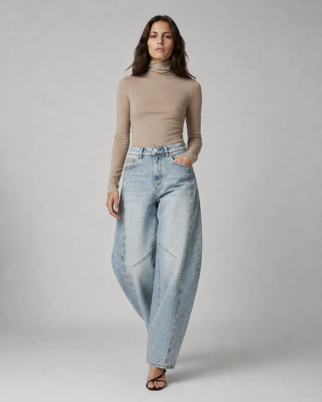 Jeans Barrel Fit de Mezclilla Clara Tiro Alto para Mujer - Image 7