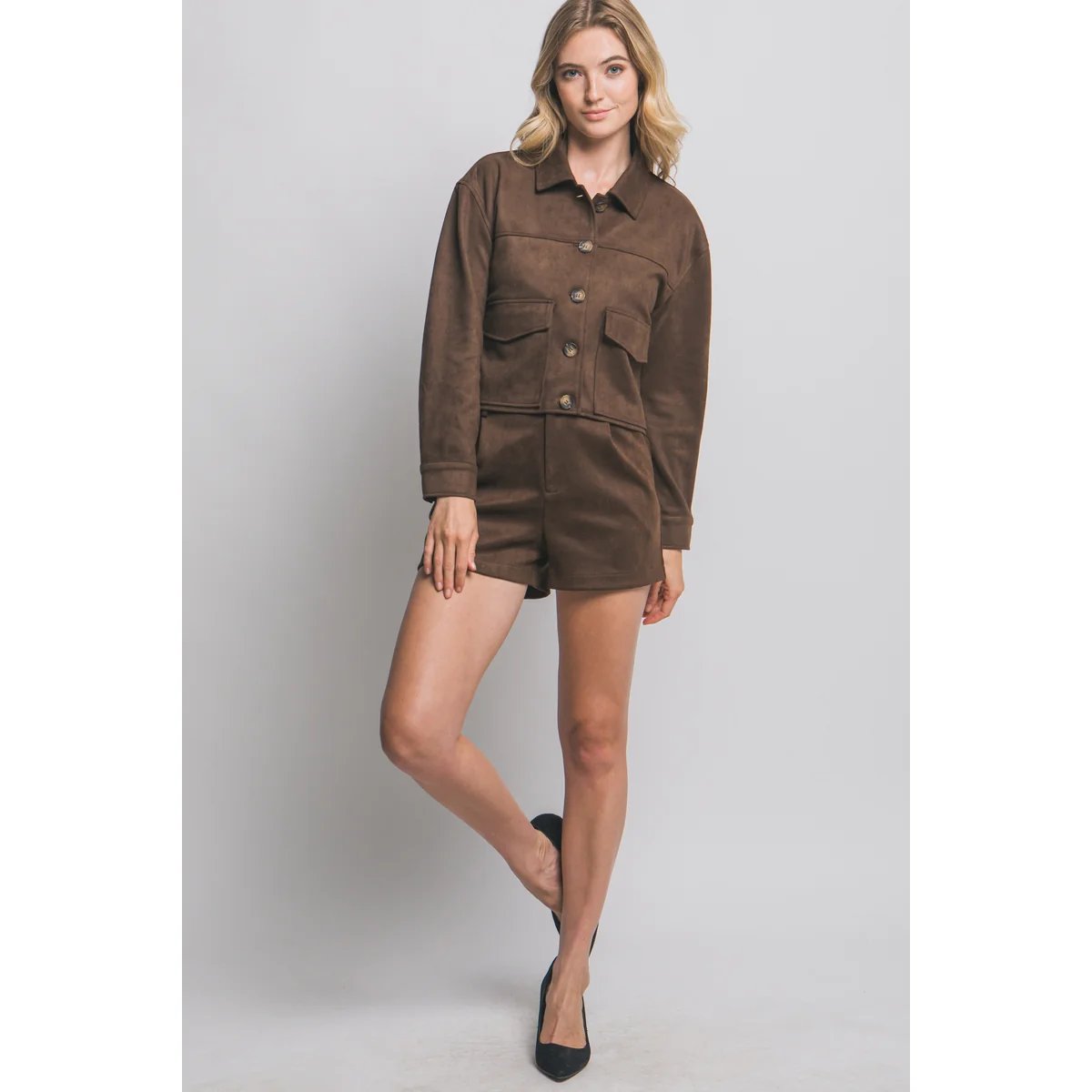 Chamarra Cropped de Faux Suede Negra con Botones para Mujer - Image 46