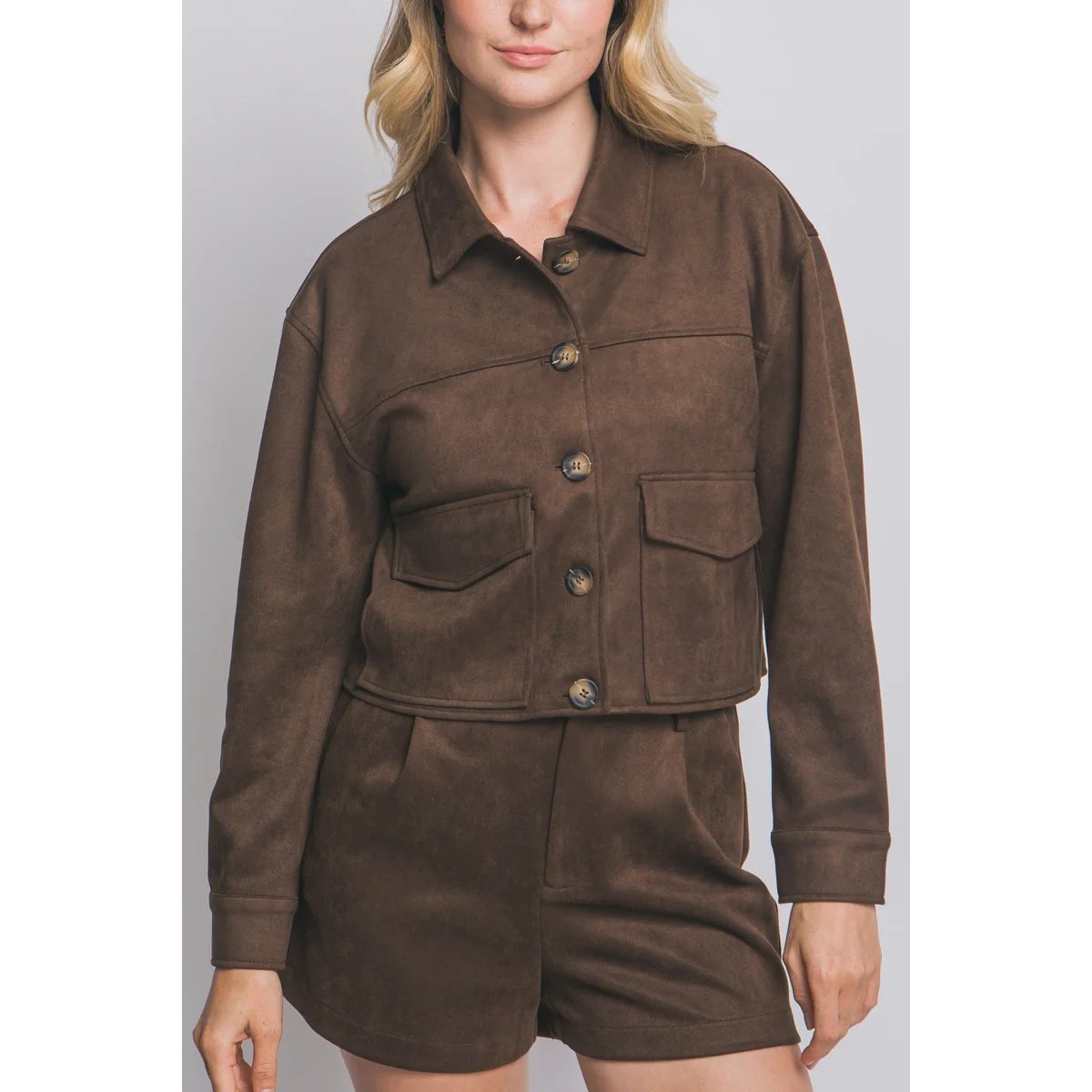 Chamarra Cropped de Faux Suede Negra con Botones para Mujer - Image 51