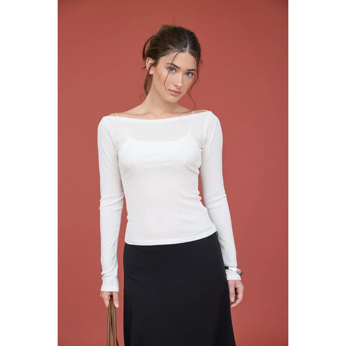 Blusa Manga Larga Escote Barco Ajustada Elegante para Mujer - Image 5
