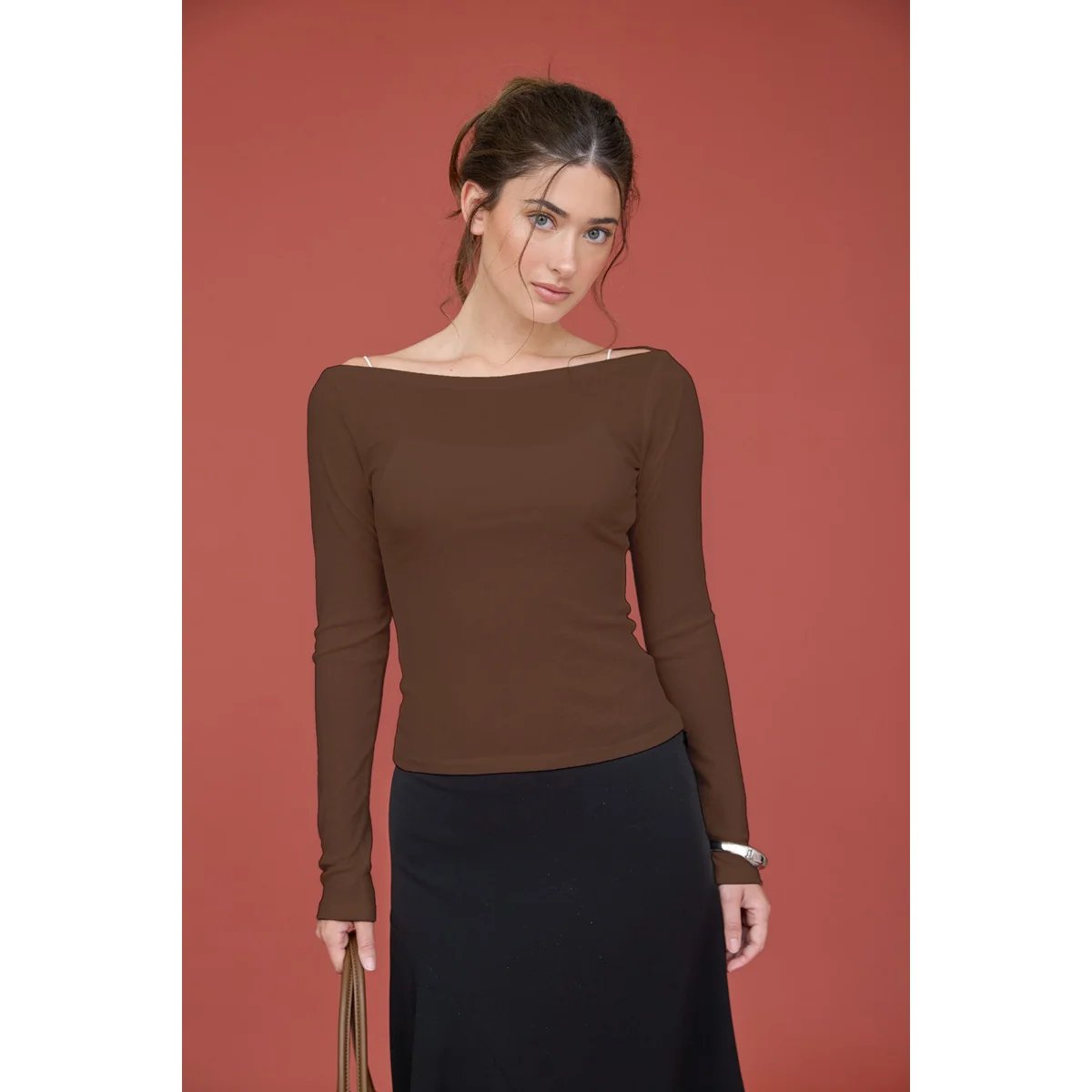 Blusa Manga Larga Escote Barco Ajustada Elegante para Mujer - Image 12