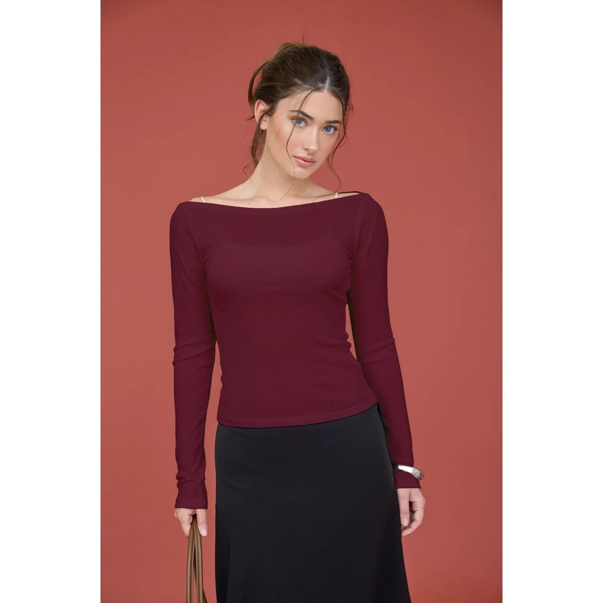 Blusa Manga Larga Escote Barco Ajustada Elegante para Mujer - Image 15